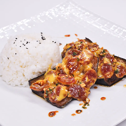 Sausage and Eggplant Rice Bake with Honey Mustard