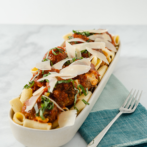 mozzarella stuffed meatballs with rigatoni pasta
